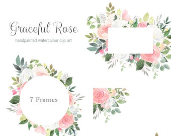Watercolor Floral Frame Clipart - Flower Borders and Frames for invitations, logo's and more with pink and white roses
