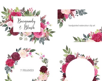 Watercolor Floral Clipart - Burgundy and Blush Flower Frames, Burgundy & Blush Clipart, logo and branding clipart, DIY wedding invitations