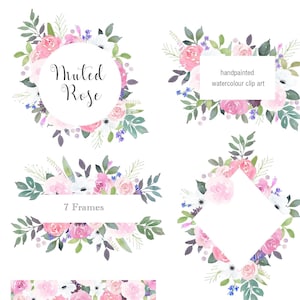 Akwarela ramki kwiatowe-wyciszony Rose, pre-Made zaproszenia ślubne, kwiat grafiki, róże i anemony, pastel Pinks
