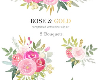 Watercolor Clipart - Floral Arrangements in Pink Roses and Gold Leaves. Pink Flowers for wedding invitations, Scrapbooking & branding