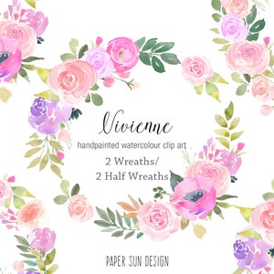 Floral Wreath Watercolor Clipart With Pink and Purple Roses - Etsy UK