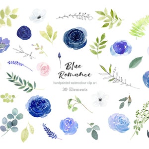 Watercolor Flower Elements Clipart - Navy Blue and Blush roses clipart, individual elements, navy rose clipart elements, flower clipart