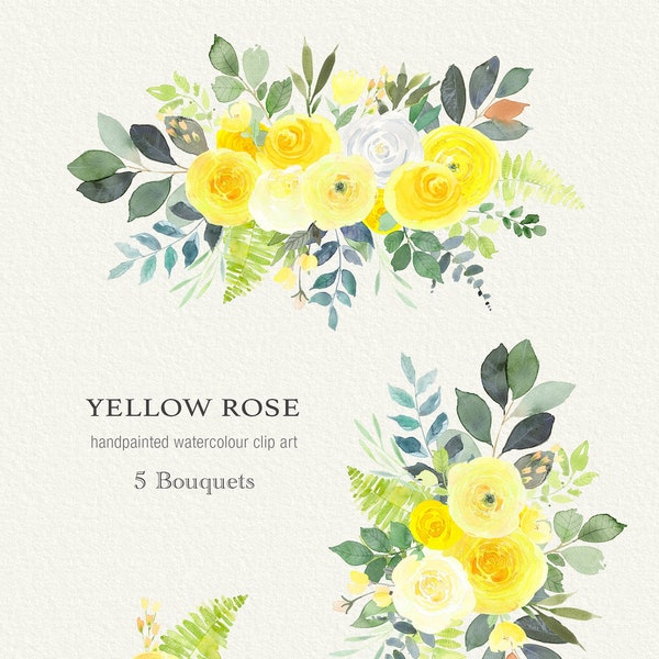 Yellow Rose Watercolor Clipart - Floral Bouquet Clip Art, PNG files downloadable for wedding stationary, logo design and more