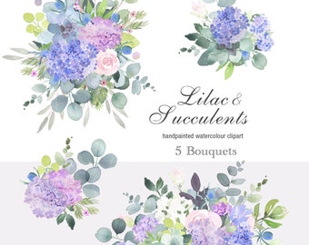 Wedding Clip Art - Lilac flowers and Succulents Clipart for wedding invitations,  bridal and baby showers, branding and digital scrapbooking