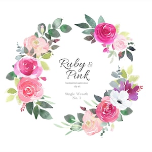 May include: Watercolor wreath with pink and white roses, greenery, and anemone flowers. The wreath is hand-painted and labeled "Ruby & Pink handpainted watercolour clip art Single Wreath No. 1".