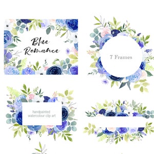 Blush and Navy Floral Clipart - Watercolor Floral Frame Clipart, watercolor flower clipart, Navy Blue Clipart Frames, DIY wedding Clipart