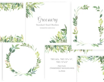 Handpainted Watercolour Frames and Borders - Green Leaves, standard sized templates for wedding invitations, stationary and more.