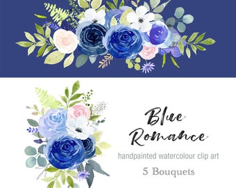 Flower Watercolor Clipart, Navy and Blush Clipart, Handpainted Watercolor Clipart, Navy Flower PNG, Bouquet Clipart, wedding clipart