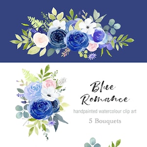 Flower Watercolor Clipart, Navy and Blush Clipart, Handpainted Watercolor Clipart, Navy Flower PNG, Bouquet Clipart, wedding clipart