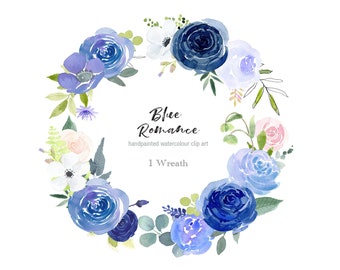 Navy and Blush Floral Wreath Clip Art - Watercolor Flower Border with Blue and Pink Roses, downloadable for weddings, branding and more