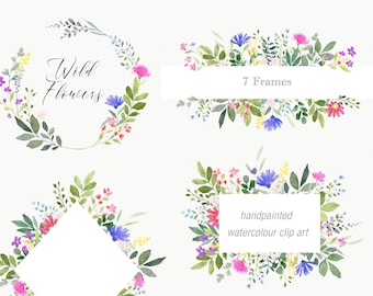 Watercolour Wildflower Clip Art Frames, Pre-made floral borders and frames, DIY wedding invitations, baby showers, Wild Flower Clipart