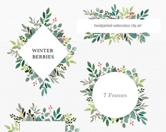 Winter Berries Christmas Floral Frames, green and red flower frames, Christmas Floral Borders, Christmas Clipart, Clip Art Frames