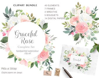 Watercolor Clipart Bundle, White and Pink Rose Clipart Set, Watercolor Floral Clipart, Floral Clipart, Rose Clipart Bundle, wedding clipart