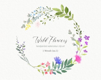 Wild Flower Watercolor Clipart Wreath, Wreath for DIY wedding invitations, baby showers, Wildflower Clipart, Watercolour Floral Clip Art