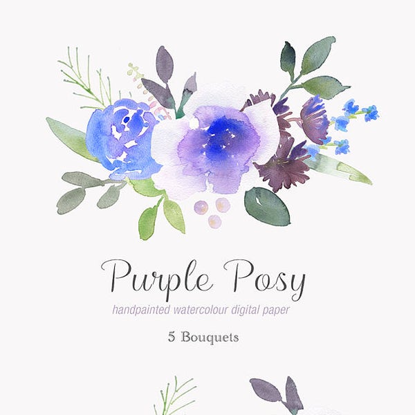 Watercolor Clipart - Purple Floral Clipart, Purple Watercolor Flower Clipart, Purple Bouquet Clipart, Blue Rose Clipart, Purple Wedding