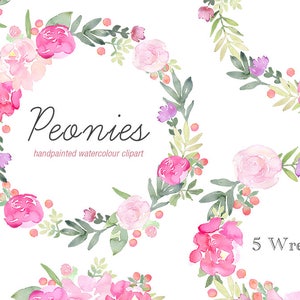 Watercolor Clip Art Peony Wreaths, Peonies Clipart, Pink Floral Clipart ...