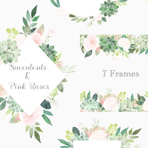 Marcos de imágenes prediseñadas de suculentas, suculentas frontera, marco rosas, invitación de la boda acuarela floral, pre-hecho, gráficos florales boho, verde, rosa