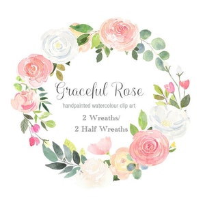 Clipart dessiné à la main - fleur de couronne de fleurs aquarelle clipart, blanches et roses roses frontière | Gracieuse Rose