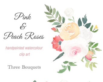 Watercolour Bouquet Clipart - Pink and Peach Roses, wedding bouquet, bouquet PNG, Pink Rose Clipart, Peach Rose Clipart, flower PNG