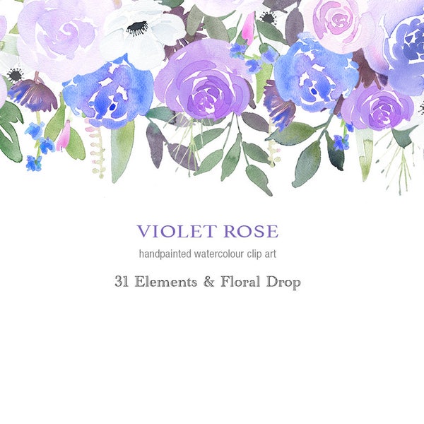 Violet Roses Floral Drop - Digital Scrapbooking Clipart, purple watercolor flower border, arrangement, blog website header, etsy branding