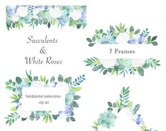 Clipart fleurs - roses blanches et des cadres de plantes succulentes, arrangements de fleurs de bordure, Téléchargement instantané aquarelle peint à la main