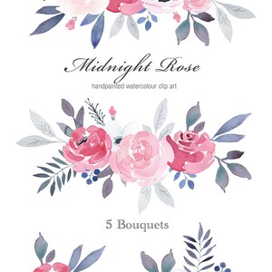 Watercolor Floral Clipart - Midnight Rose, winter rose, blue rose clip art, winter wedding graphics, flower PNG, pink blue roses clipart