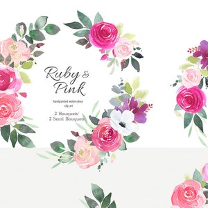 Könnte beinhalten: Aquarell-Blumensträuße und Kränze in Rosa-, Weiß- und Grüntönen. Die Sträuße und Kränze eignen sich perfekt, um jedem Projekt einen Hauch von Eleganz zu verleihen.