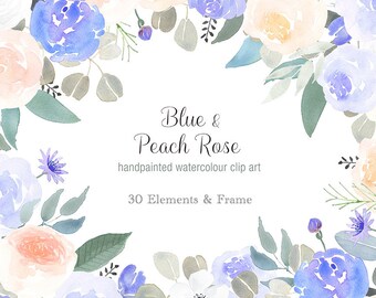 Watercolor floral clip art - flower border, blue peach white roses, rose clipart, summer wedding graphics, floral elements, scrapbooking