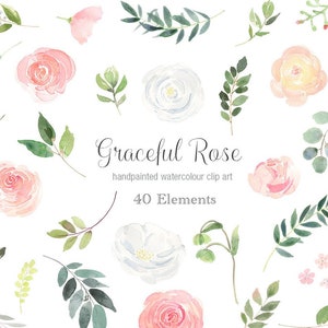 Floral Clipart Peach Elements - Watercolor Pink, Peach and White Roses Individual PNG files, clip art flower graphics