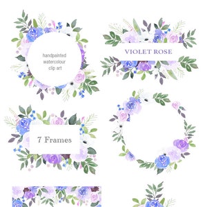Violett Rose - Aquarell ClipArt, Blumenrahmen, florale Grenzen, lila Rose, Rosen Clipart, Hochzeit Einladung Vorlagen, weiße Anemonen