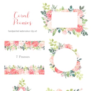 Peony Clipart Floral Frames - Coral Peonies Clip Art, watercolor peach peony, wedding graphics, scrapbooking, flower frame, DIY, Graphics