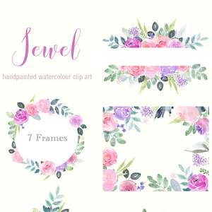Watercolor Floral Clip Art, Pink and Purple Rose Flower Frames, Jewel ...