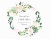 Succulents Wreath, Floral Clip Art, Pink Rose Clipart, Wedding Wreath, Green Pink Flower Clipart, Watercolour Hand Painted, Wreath PNG