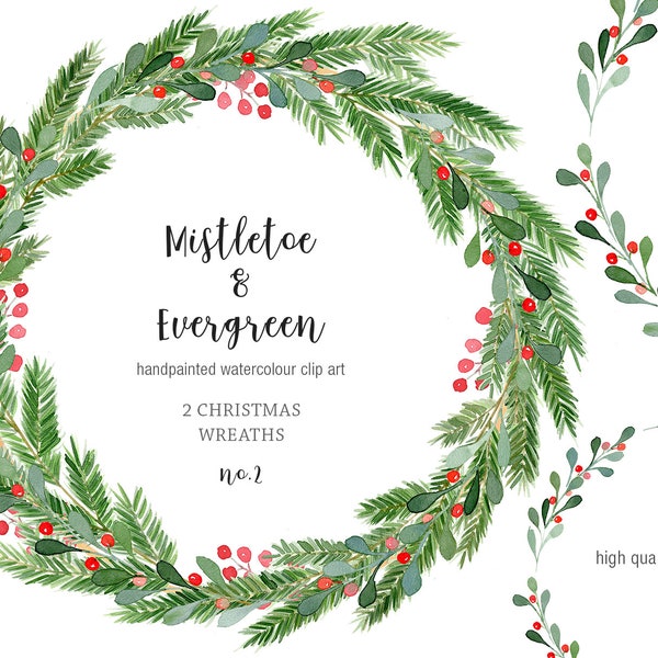 Christmas Clip Art - Greenery Wreath PNG, Christmas Mistletoe Wreath, Festive Clipart, Christmas Clipart, Greenery Border Clip art PNG