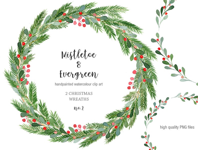 Christmas Clip Art Greenery Wreath PNG, Christmas Mistletoe Wreath, Festive Clipart, Christmas Clipart, Greenery Border Clip art PNG image 1