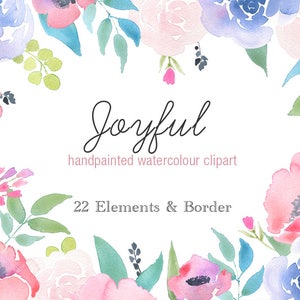 Watercolour Clipart - Joyful, Rose flower border, floral clip art, flower elements, summer rose,  watercolor flowers, floral border PNG