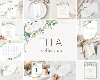 THIA Collection, Wedding Invitation Bundle, Invitation Templates, Templett Templates, White Roses and Greenery Editable Templates, Digital