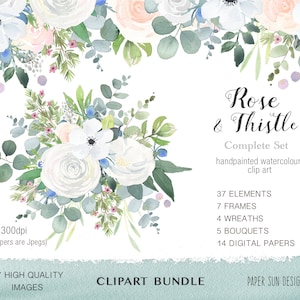 Watercolor Clipart Bundle - Bouquet and Elements Clipart, Watercolor Clipart, Roses & Thistle Clipart Bundle, White Rose Floral Clipart