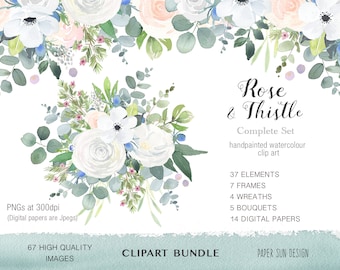 Watercolor Clipart Bundle - Bouquet and Elements Clipart, Watercolor Clipart, Roses & Thistle Clipart Bundle, White Rose Floral Clipart