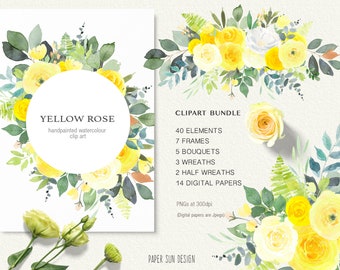 Yellow Rose Large Watercolor Clip Art Set, Watercolor Clipart Bundle, Clip Art Bundle, Yellow Roses Clipart, Watercolor Clipart Set, PNGs
