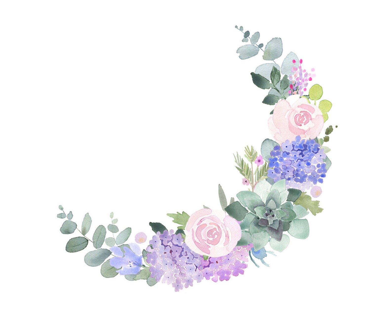 Watercolor Clip Art Floral Wreath - Pink and Lilac Roses With ...