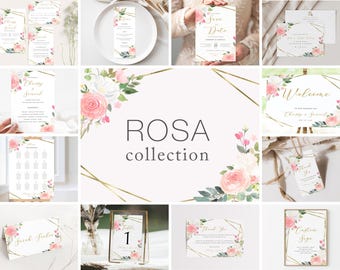 ROSA Floral Wedding Suite Bundle | INSTANT DOWNLOAD | Wedding Stationery Bundle | Geometric Wedding Invites | Floral Save the Date | Invites