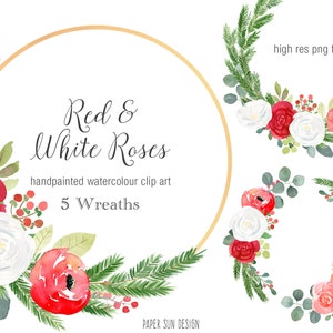 Weihnachtskranz Aquarell Clipart - Aquarell rot und weiß Rose Clipart, Weihnachten Blume Kränze, rote Blume Clipart, Kränze Clipart