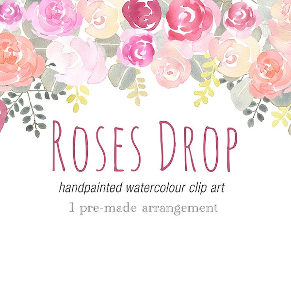 Watercolour Floral Drop Clipart - Pink Roses flower arrangement, Header for wedding stationary, website or blog