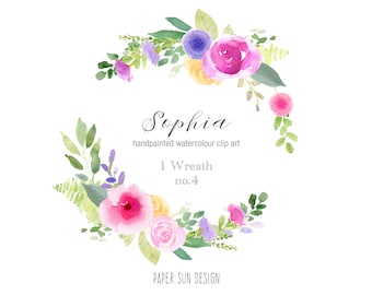 Spring flowers Wreath Clipart - Watercolour Clipart, Floral Frame, Flower Wreath Clipart, DIY wedding graphics, Pink Purple Yellow Floral