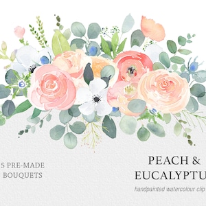 Hand Painted Watercolor Wedding Clipart - Peach Pink Roses and Eucalyptus Foliage floral arrangements for invitations, scrapbooking and more