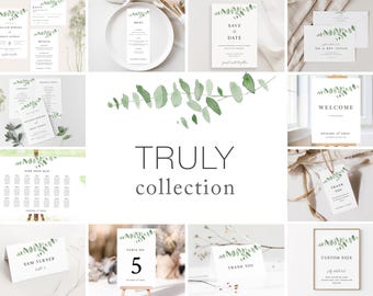 TRULY collection, Printable Wedding Invitation Templates, Digital Wedding Stationary Bundle, Eucalyptus Leaf Wedding Card, Large Set