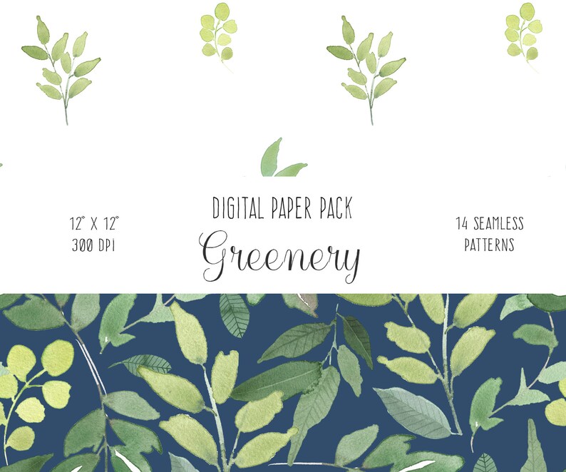 Greenery Digital Paper Pack - Green Leaves Seamless Patterns, Repeat ...