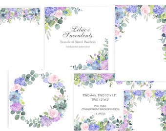 Watercolor Floral Frames, Lilac and Succulents Flower Frames, Clipart Border, Watercolor Floral Border, Wedding Graphics Templates, Clipart