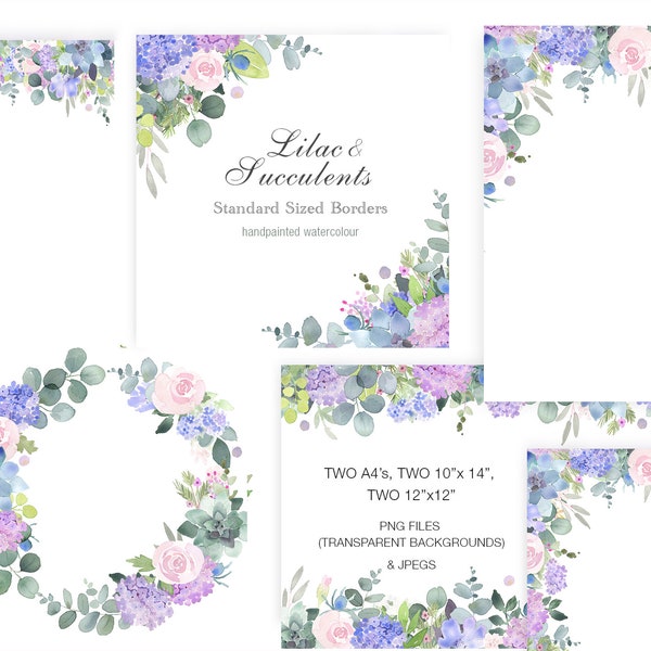 Cadres floraux aquarelles, cadres de fleurs lilas et succulentes, bordure Clipart, bordure florale aquarelle, modèles graphiques de mariage, Clipart